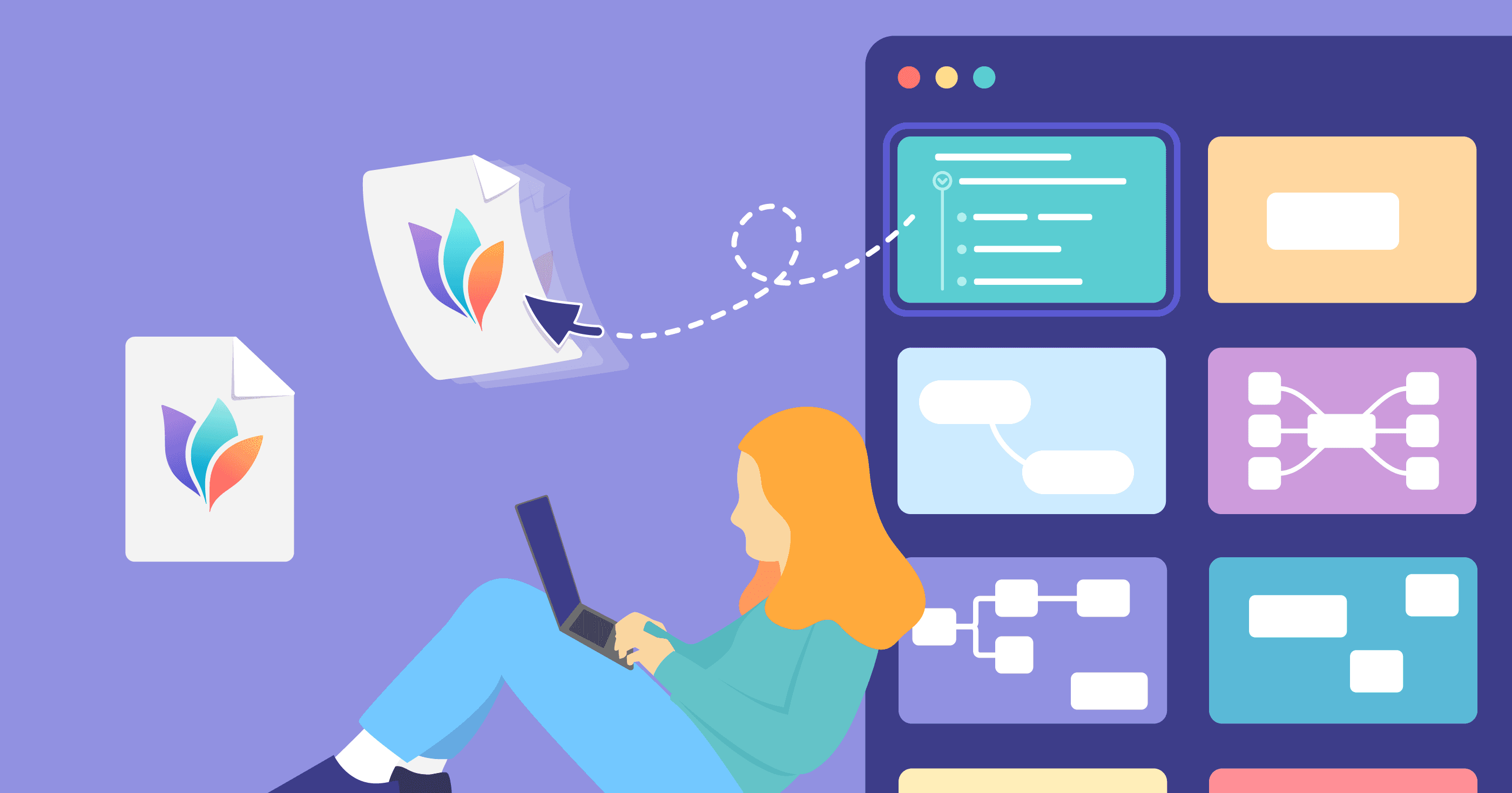 Person leaning against a window with a grid of documents, with two documents getting dragged out of the grid.