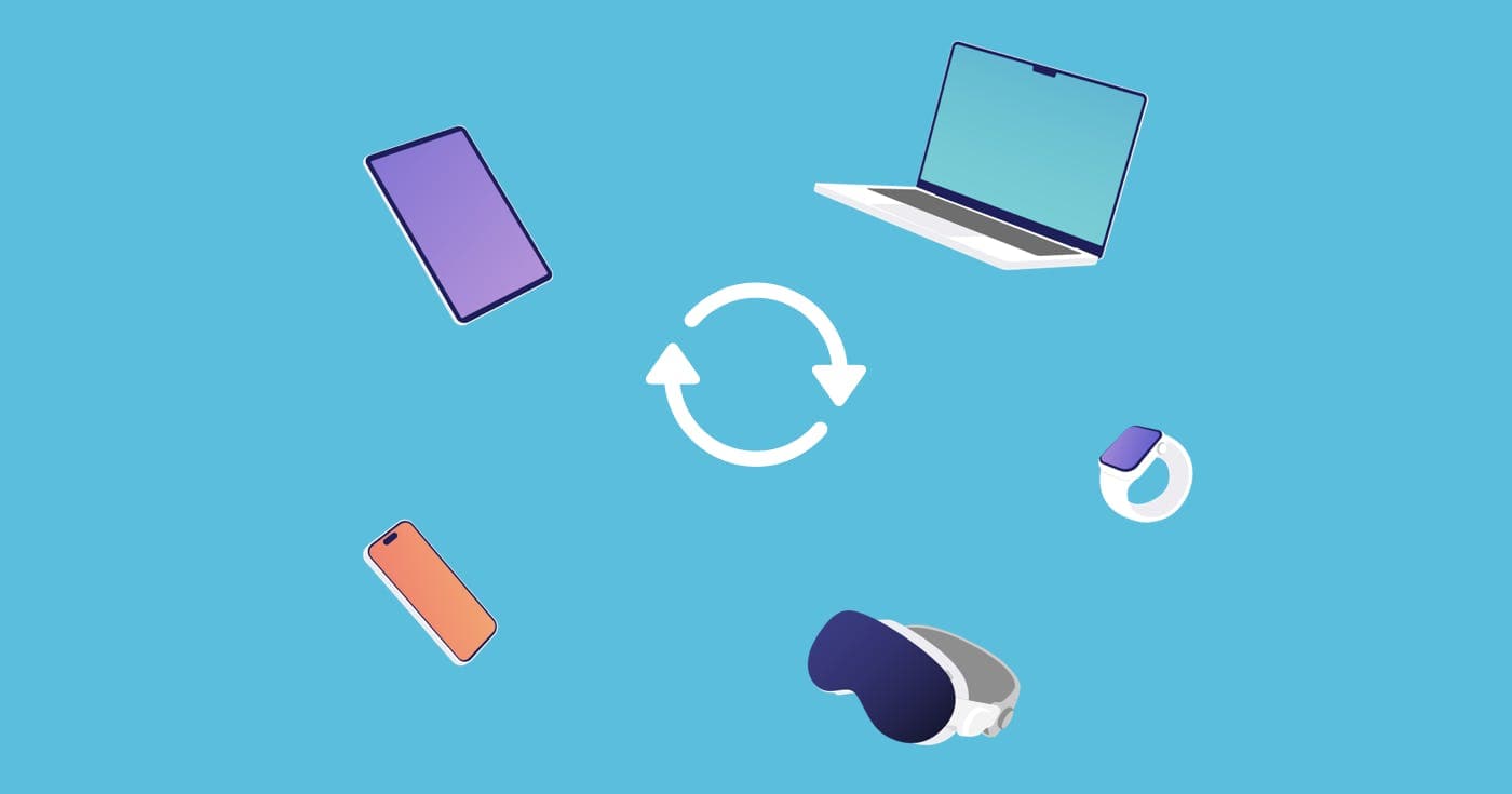 Illustration of iPhone, Apple Watch, iPad, Mac, and Apple Vision Pro a syncing icon with 2 round arrows